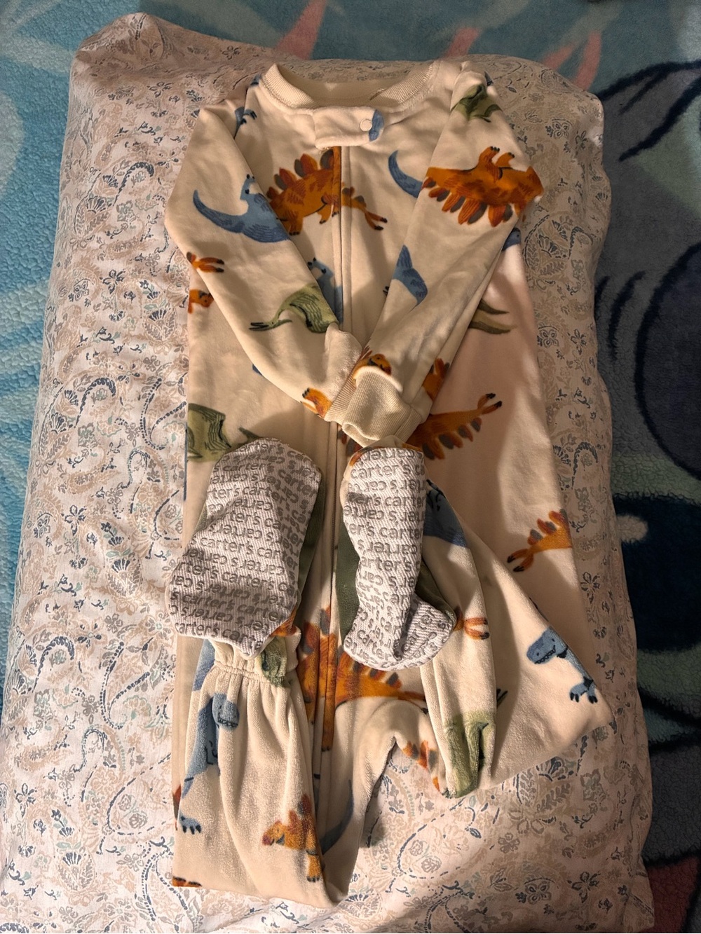 Carter's Cream Footed One-Piece with Orange, Blue & Green Dinosaurs